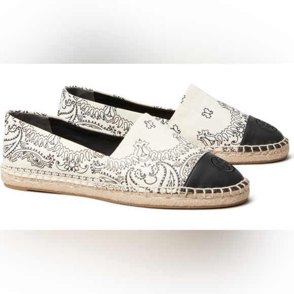 TORY BURCH IVORY AMERICANA BANDANA COLOR BLOCK FLAT ESPADRILLE 7.5 - Picture 1 of 8